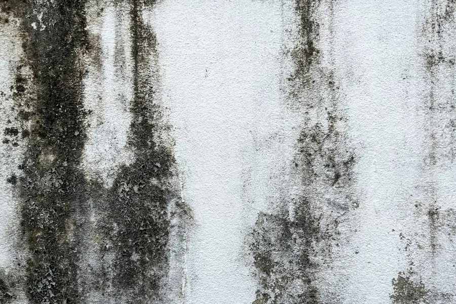Damp staining and tide marks on a plastered wall